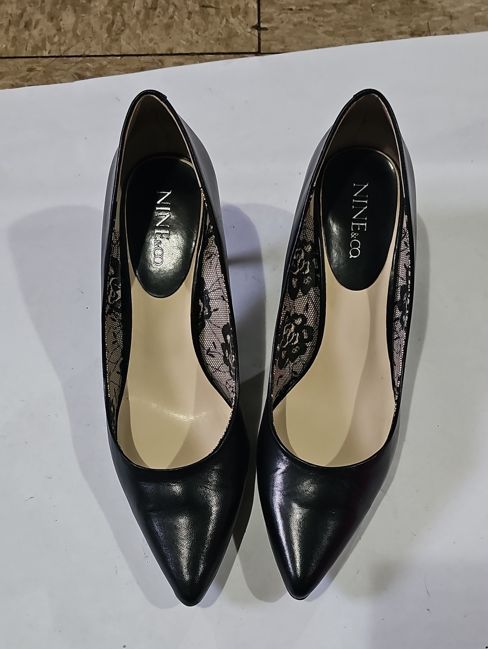 Nine & Co. Black Pointed-Toe Pumps with Lace Side Panels